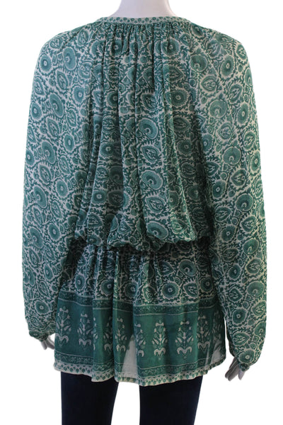 Talitha Women Tunic Blouse Paisley Silk Long Sleeve Drawstring Bohemian Size M