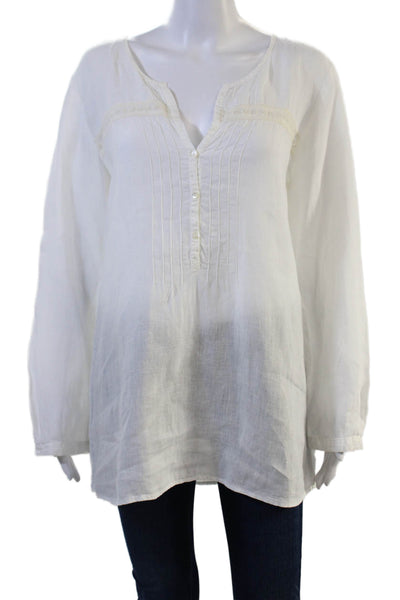 Hartford Womens Tunic Blouse White Linen V-Neck Long Sleeve Button Size 3