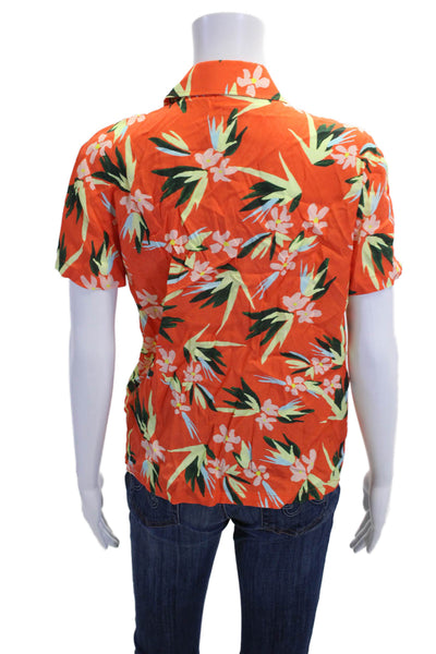Solid & Striped Women Collared Floral Orange Short Sleeve Button-Up Top Size XS