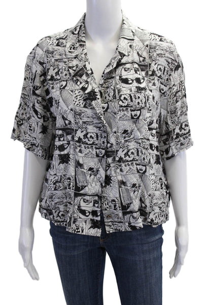 Ksubi Women Black Collared Button-Up Short Sleeve Viscose Anime Graphic Size S
