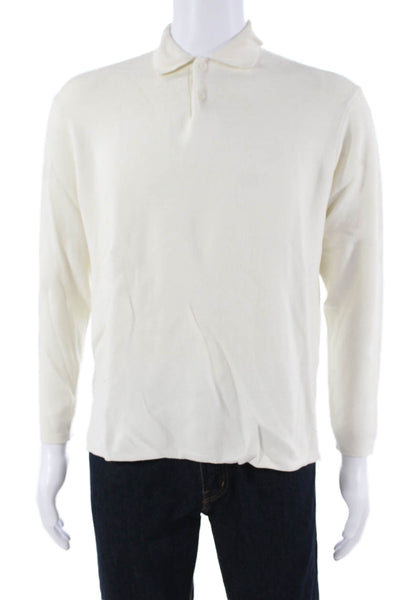 Zara Mens Collared Button Polo White Cotton Blend Long Sleeve Size M