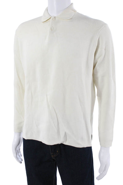 Zara Mens Collared Button Polo White Cotton Blend Long Sleeve Size M