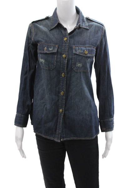 Current/Elliott Women Dark Blue Collared Long Sleeve Button-Up Army Size 0