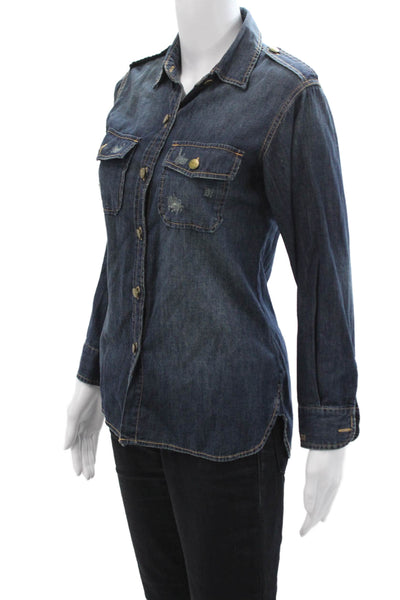 Current/Elliott Women Dark Blue Collared Long Sleeve Button-Up Army Size 0