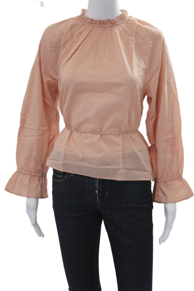 J Crew Women Pink 100% Cotton High Neck Drawstring Long Sleeve Blouse Size S
