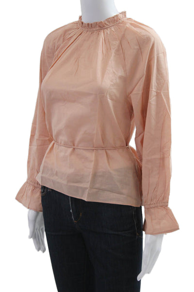 J Crew Women Pink 100% Cotton High Neck Drawstring Long Sleeve Blouse Size S