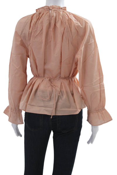 J Crew Women Pink 100% Cotton High Neck Drawstring Long Sleeve Blouse Size S