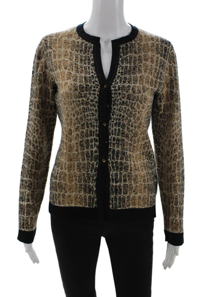 Les Copains Women Beige Animal Print Button Cardigan Round Neck Size 42