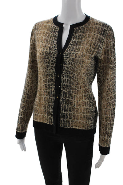 Les Copains Women Beige Animal Print Button Cardigan Round Neck Size 42