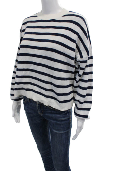 Aqua Unisex Striped Cotton Pullover Sweater Crew Neck White Size XS