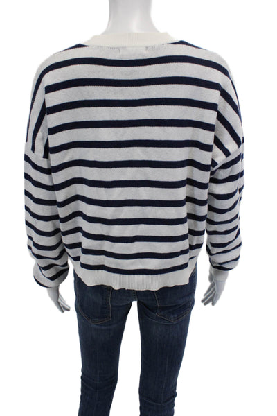 Aqua Unisex Striped Cotton Pullover Sweater Crew Neck White Size XS