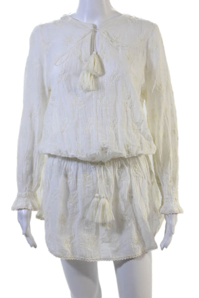 Talitha Women White Blouson Mini Dress Long Sleeve Drawstring Size L