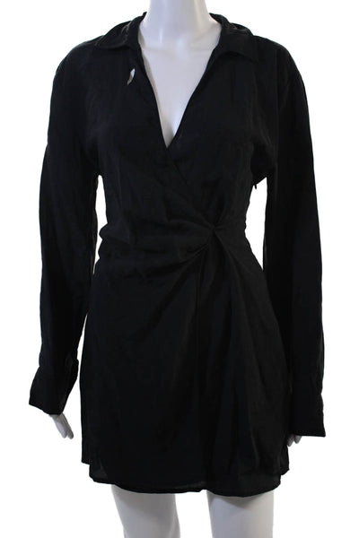 Zara Women Black Shirt Wrap Dress Long Sleeve Collared Button Polyester Size M