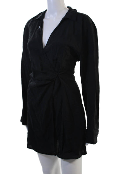 Zara Women Black Shirt Wrap Dress Long Sleeve Collared Button Polyester Size M