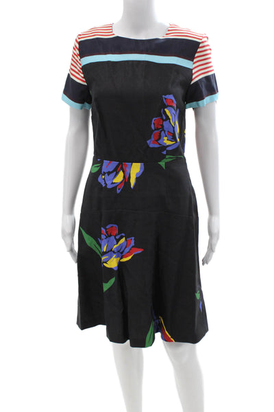 Suno Women Fit & Flare Midi Dress Black Floral Crew Neck Short Sleeve Size 6