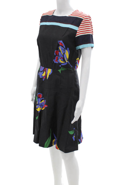 Suno Women Fit & Flare Midi Dress Black Floral Crew Neck Short Sleeve Size 6