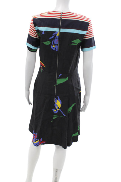 Suno Women Fit & Flare Midi Dress Black Floral Crew Neck Short Sleeve Size 6