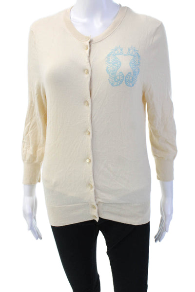 J Crew Women Beige Cotton Button Cardigan 3/4 Sleeve Animal Print Size M