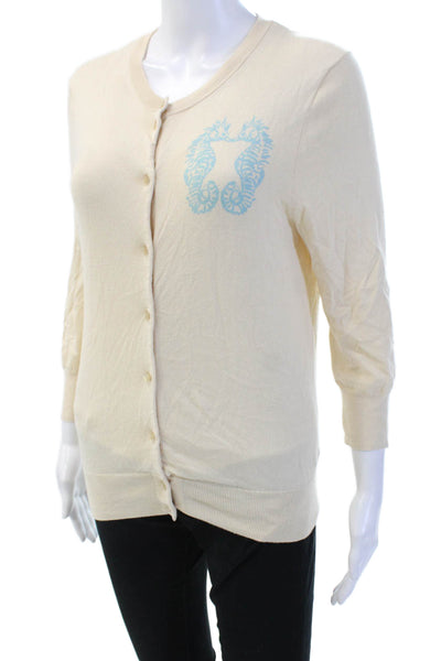 J Crew Women Beige Cotton Button Cardigan 3/4 Sleeve Animal Print Size M