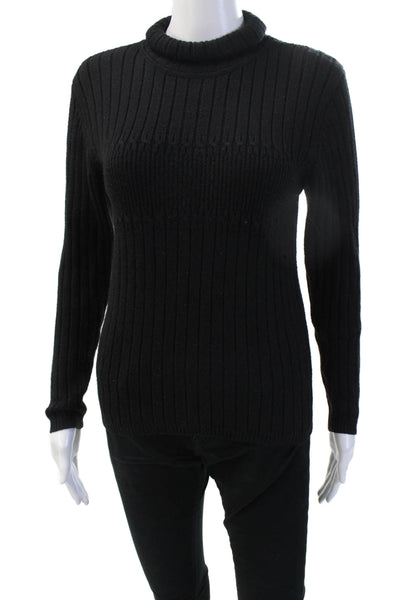 Meister Womens Pullover Sweater Black Mock Neck Striped Wool Acrylic Size S