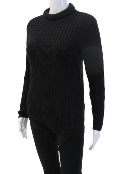 Meister Womens Pullover Sweater Black Mock Neck Striped Wool Acrylic Size S