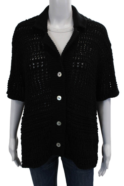 Zara Women Cardigan Black Collared Button Short Sleeve Cotton Blend Size S