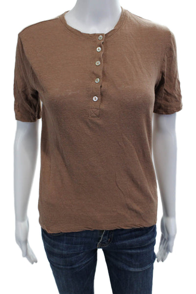 Zara Womens Brown Jersey Button Up T Shirt Short Sleeve Crew Neck Size L