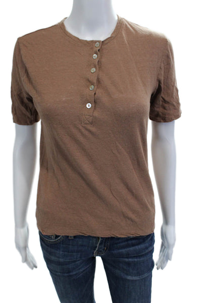 Zara Womens Brown Jersey Button Up T Shirt Short Sleeve Crew Neck Size L