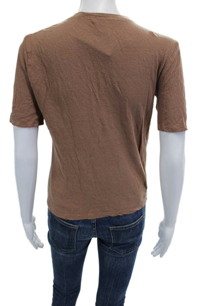 Zara Womens Brown Jersey Button Up T Shirt Short Sleeve Crew Neck Size L