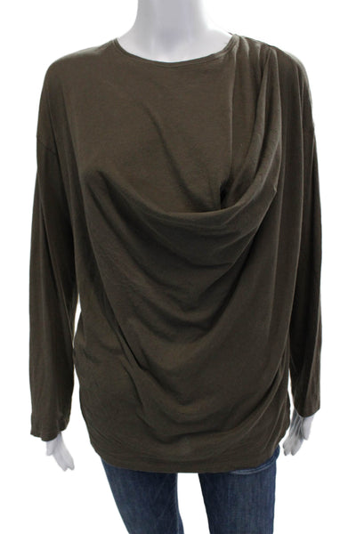 Zara Women Jersey Long Sleeve Round Neck Solid Brown Top Army Size M