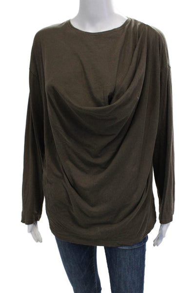 Zara Women Jersey Long Sleeve Round Neck Solid Brown Top Army Size M