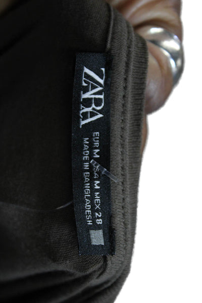 Zara Women Jersey Long Sleeve Round Neck Solid Brown Top Army Size M