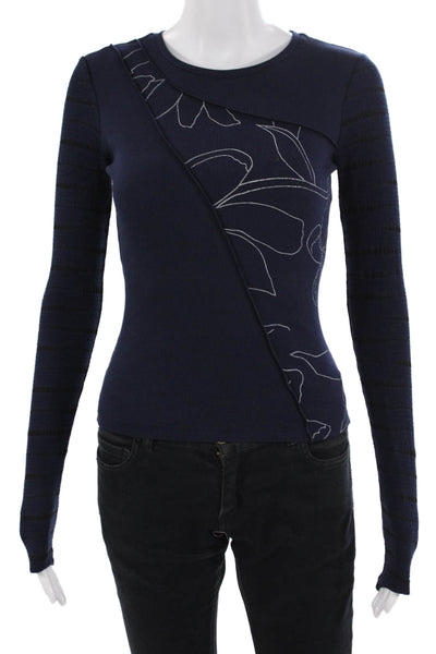 Desigual Women Dark Blue Floral Jersey Crew Neck Long Sleeve Cotton Size XS