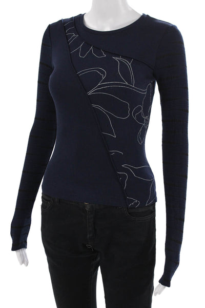 Desigual Women Dark Blue Floral Jersey Crew Neck Long Sleeve Cotton Size XS