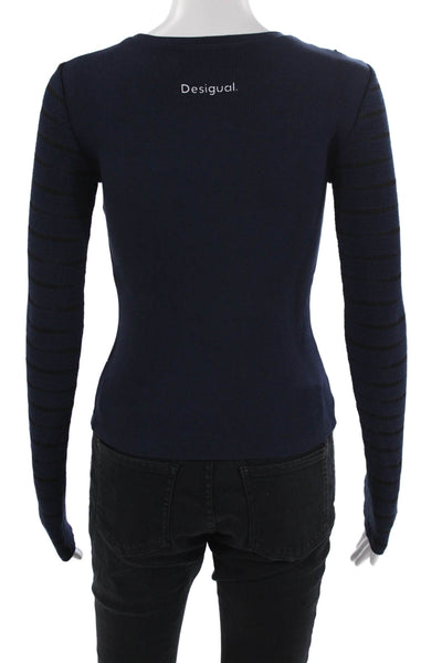Desigual Women Dark Blue Floral Jersey Crew Neck Long Sleeve Cotton Size XS