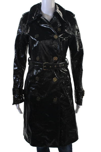 Tory Burch Womens Trench Coat Black Leather Collared Buckle Long Sleeve Size 4