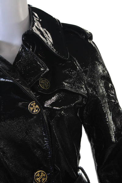 Tory Burch Womens Trench Coat Black Leather Collared Buckle Long Sleeve Size 4