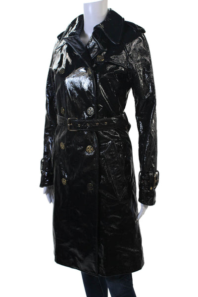Tory Burch Womens Trench Coat Black Leather Collared Buckle Long Sleeve Size 4