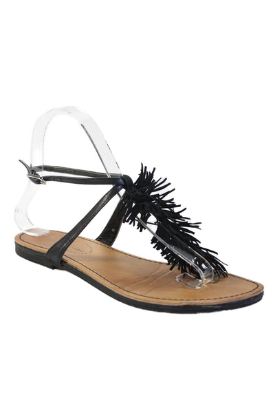 Seychelles Womens Leather Thong Fringe Slingbacks Sandals Black Size 6