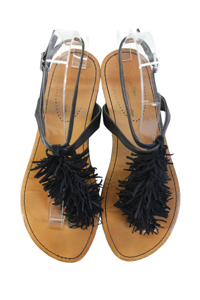 Seychelles Womens Leather Thong Fringe Slingbacks Sandals Black Size 6