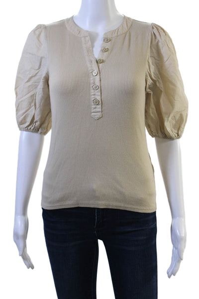 J Crew Women Basic Beige Short Sleeve Round Neck Blouse Cotton Modal Size S