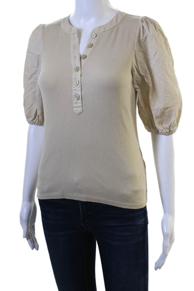 J Crew Women Basic Beige Short Sleeve Round Neck Blouse Cotton Modal Size S