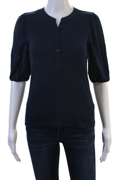 J Crew Women Dark Blue Crew Neck Basic Blouse Short Sleeve Button-Up Size S