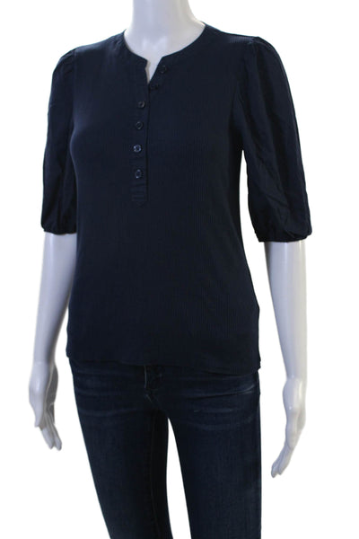 J Crew Women Dark Blue Crew Neck Basic Blouse Short Sleeve Button-Up Size S
