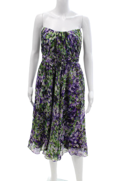 Theia Womens A-Line Sundress Green Floral Organic Cotton Sleeveless Tie Size 2