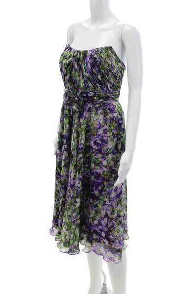 Theia Womens A-Line Sundress Green Floral Organic Cotton Sleeveless Tie Size 2