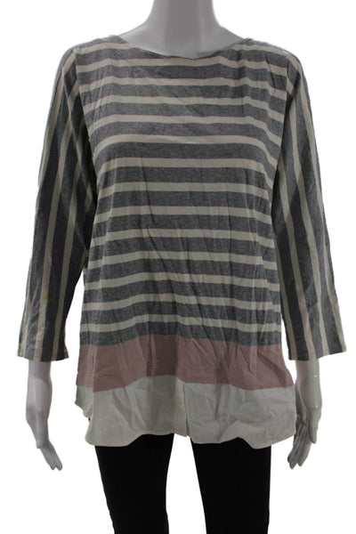 Bogner Women Striped Gray Cotton Basic Blouse 3/4 Sleeve Round Neck Zip Size 12