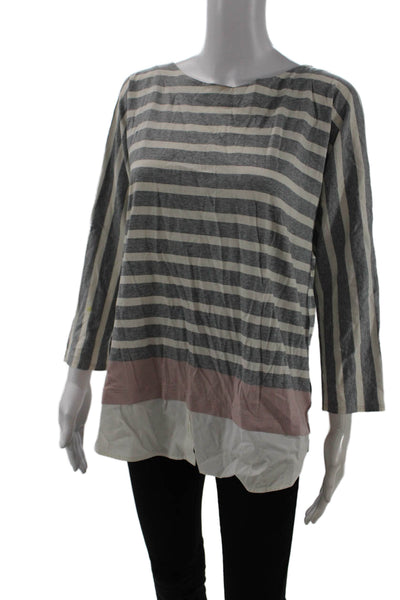 Bogner Women Striped Gray Cotton Basic Blouse 3/4 Sleeve Round Neck Zip Size 12