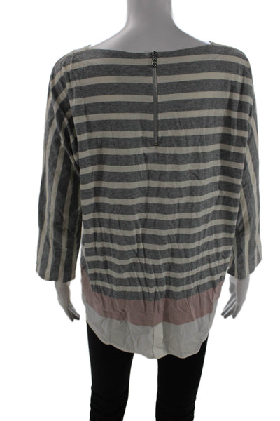 Bogner Women Striped Gray Cotton Basic Blouse 3/4 Sleeve Round Neck Zip Size 12