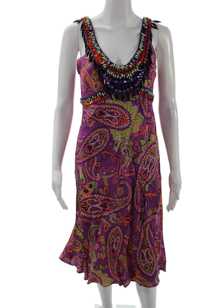 Etro Milano Womens Silk Paisley Slip Dress V-Neck Zip Sleeveless Size 44